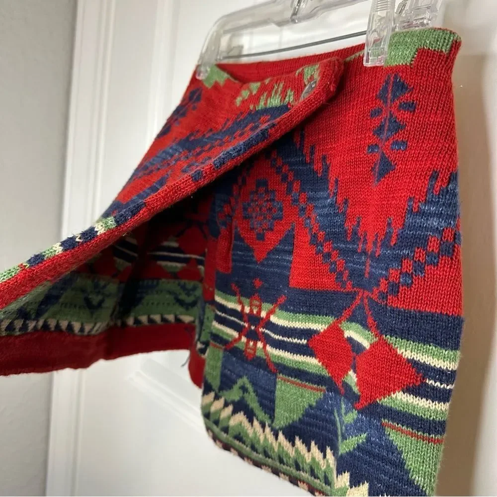 VTG Ralph Lauren Red Blue Green Aztec Knit Mini Wrap Skirt Youth Sz S/7 Western